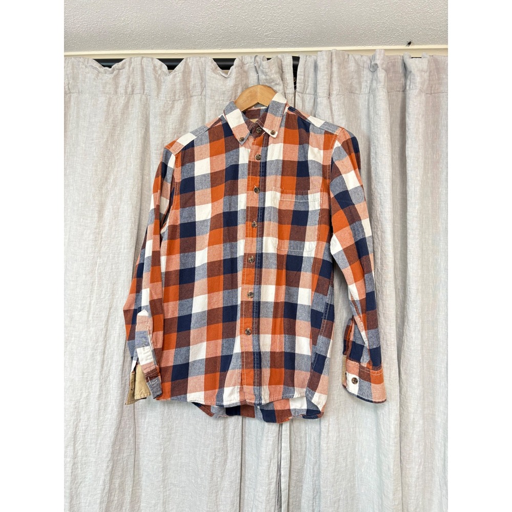 Outdoor Life Campside Flannel Shirt Mens Small Orange Navy Plaid Cotton Buttonup